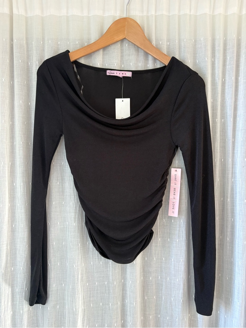 Crave Fame Black Long-Sleeve Ruched Drape Top